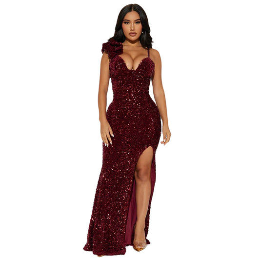 Women Wear Solid Color Sexy Suspenders Sequined Maxi Dress Slit Evening Dress