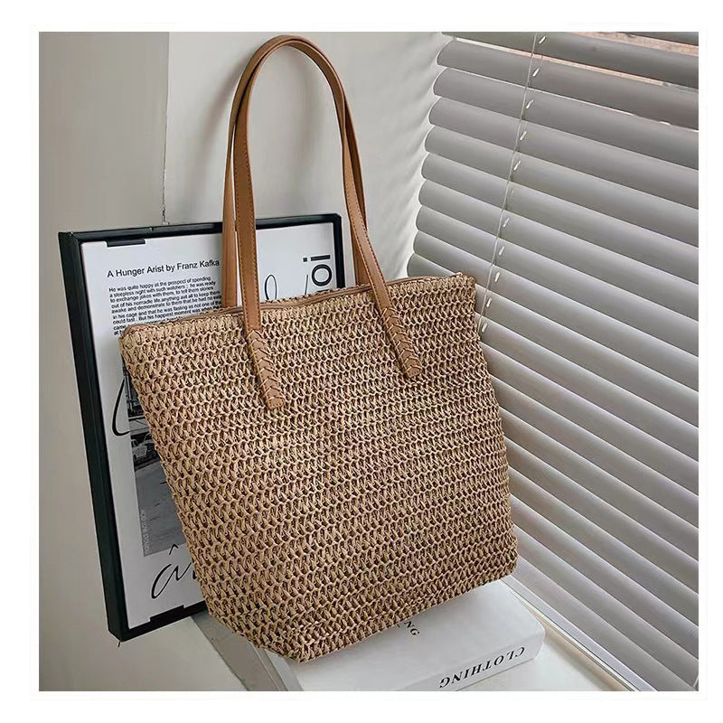 Simple Shoulder Large Capacity Straw Bag Women Summer Straw Bag Woven Bag Seaside Vacation Beach Bag Rattan Weave Bag