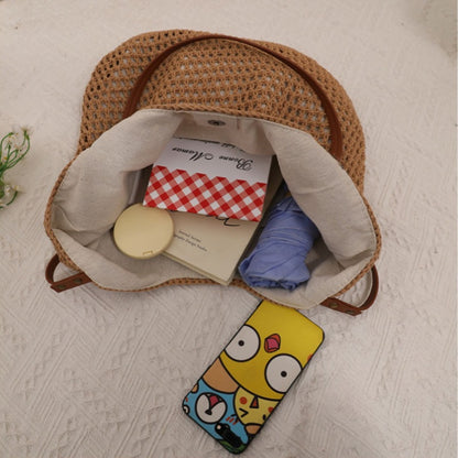 Casual Hollow Out Cutout Shoulder Cotton Thread Woven Bag Lazy Wind Portable Straw Weaved Bag Seaside Vacation Beach Bag Women Bag