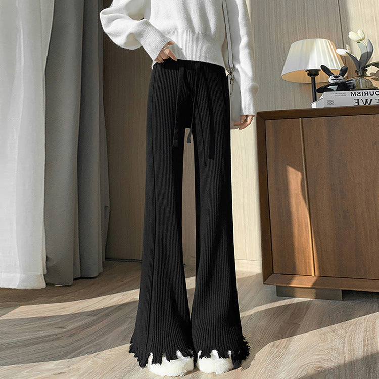 Knitted Tassel Wide Leg Pants for Women Spring Korean High Waist Drawstring Slimming Casual Horn Mop Trousers