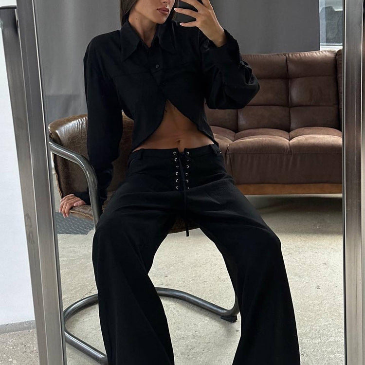 Women Collared Long Sleeves Cropped Design White Shirt Hollow Out Cutout out Tied Wide Leg Pants Two Piece Set