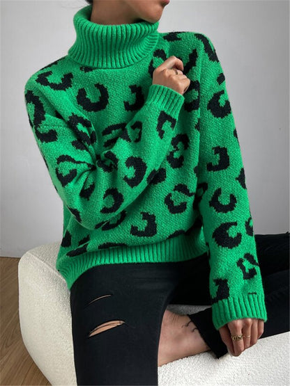 Autumn Winter Turtleneck Pullover Knitted Leopard Print Sweater