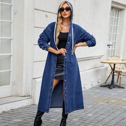 Women Clothing Spring Summer Washed Hooded Long Denim Coat Trench Coat