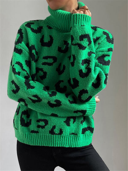 Autumn Winter Turtleneck Pullover Knitted Leopard Print Sweater