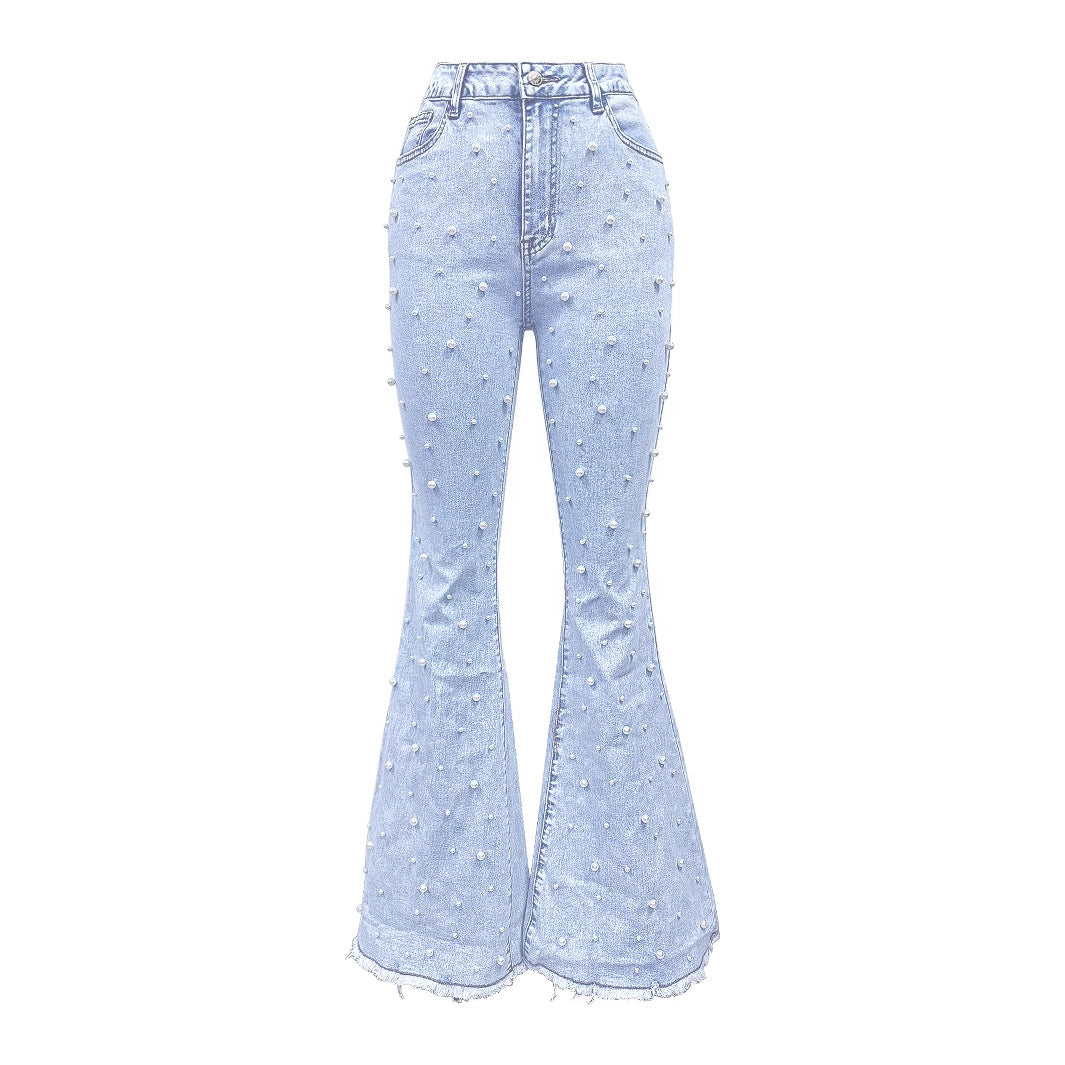 Women All Matching Stretch Micro Nail Pearl Jeans