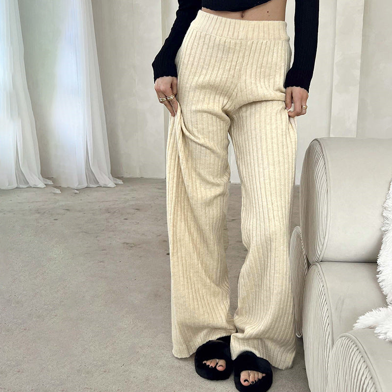 Autumn Winter Thread Knitted Trousers Elastic Elastic Waist Straight Casual Pants Comfortable Slimming Mop Trousers