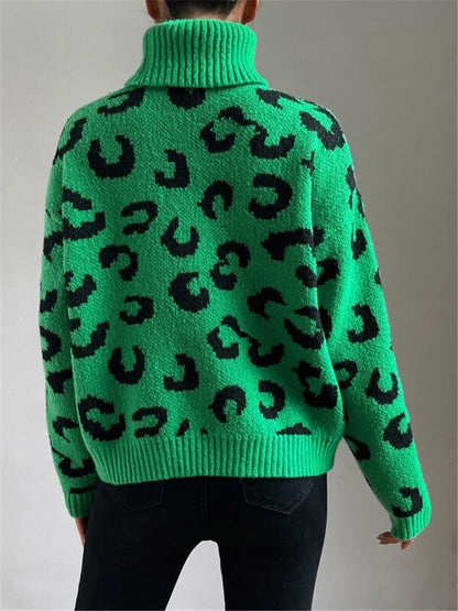 Autumn Winter Turtleneck Pullover Knitted Leopard Print Sweater