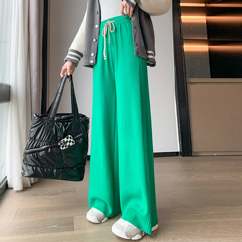 Knitted Wide Leg Pants Design Feeling Side Pleated Sunken Stripe Autumn Winter Thickening Loose Drooping Slimming Mopping Casual Pants for Women