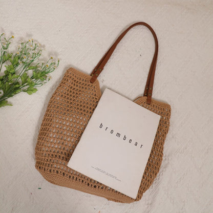 Casual Hollow Out Cutout Shoulder Cotton Thread Woven Bag Lazy Wind Portable Straw Weaved Bag Seaside Vacation Beach Bag Women Bag