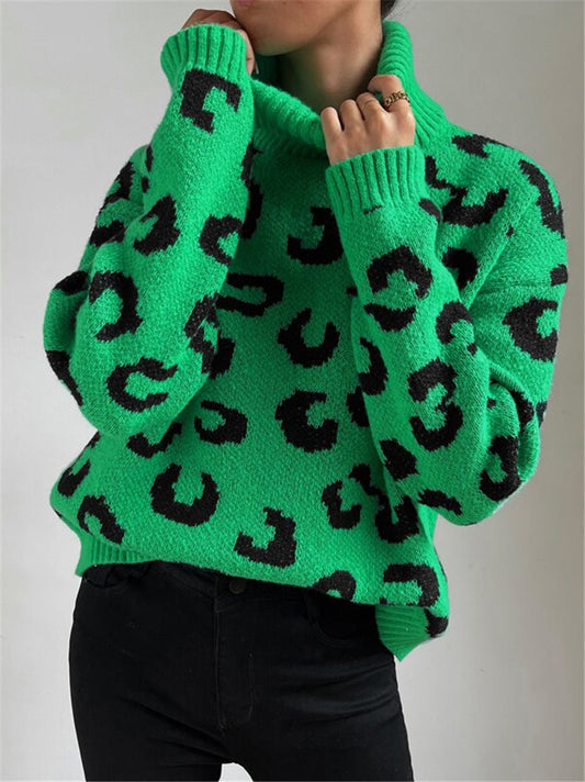 Autumn Winter Turtleneck Pullover Knitted Leopard Print Sweater