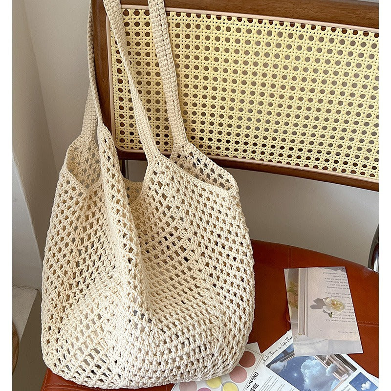 Casual Large Capacity Cotton Thread Woven Bag Hollow Out Cutout Straw Bag Idle Shoulder Bag Vacation Beach Bag Women Bag