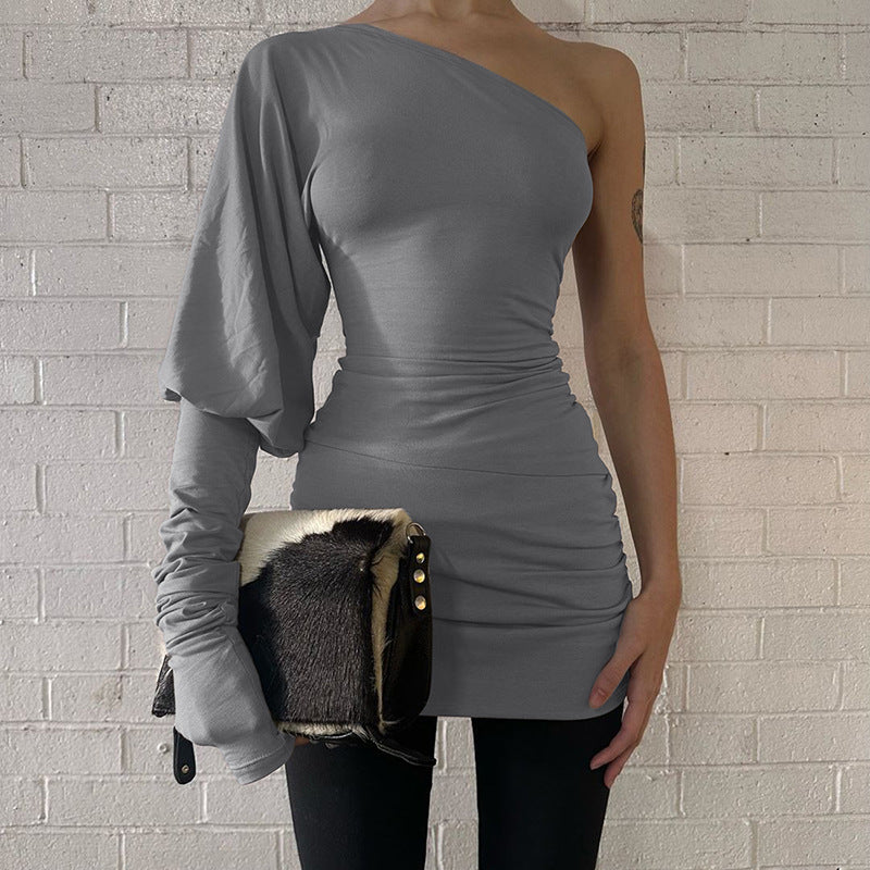 Women Clothing Winter Personality Slim Fit Diagonal Collar Shoulder Bag Hip Dress