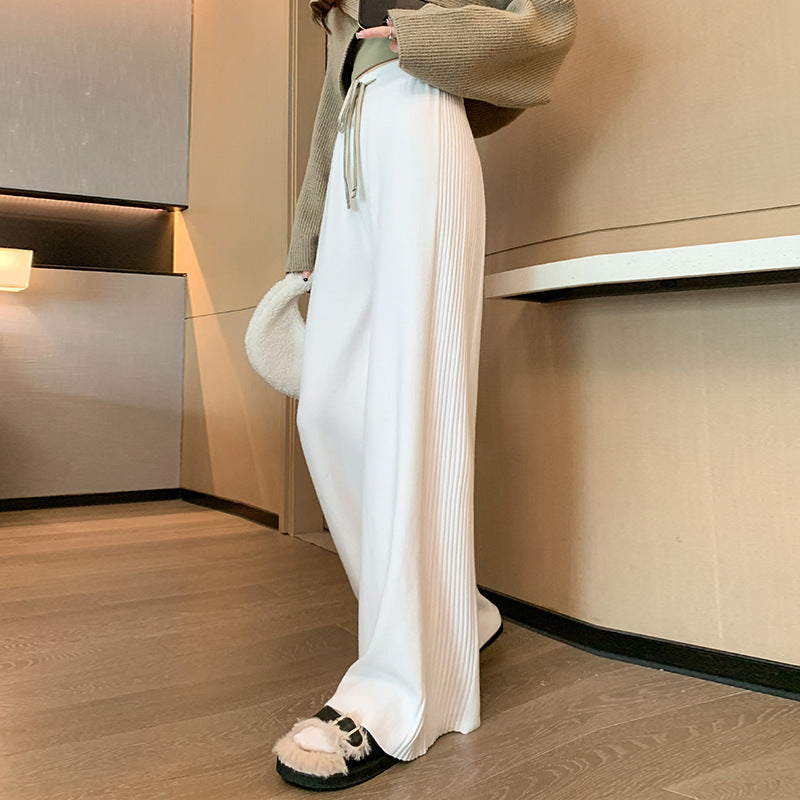 Knitted Wide Leg Pants Design Feeling Side Pleated Sunken Stripe Autumn Winter Thickening Loose Drooping Slimming Mopping Casual Pants for Women