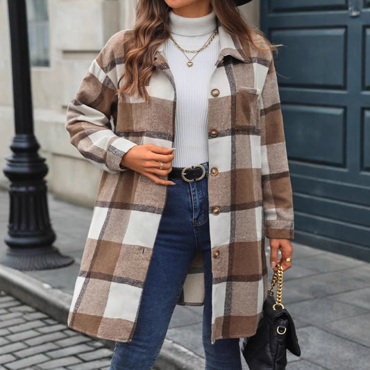 Plaid Single Breasted Long Sleeve Collared Cardigan Casual Long Shirt Women